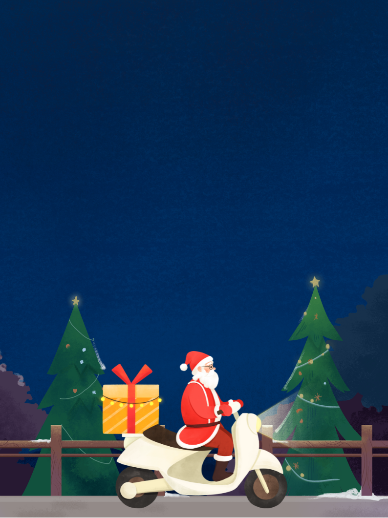 Santa Claus on a scooter with a gift in a snowy landscape at night.