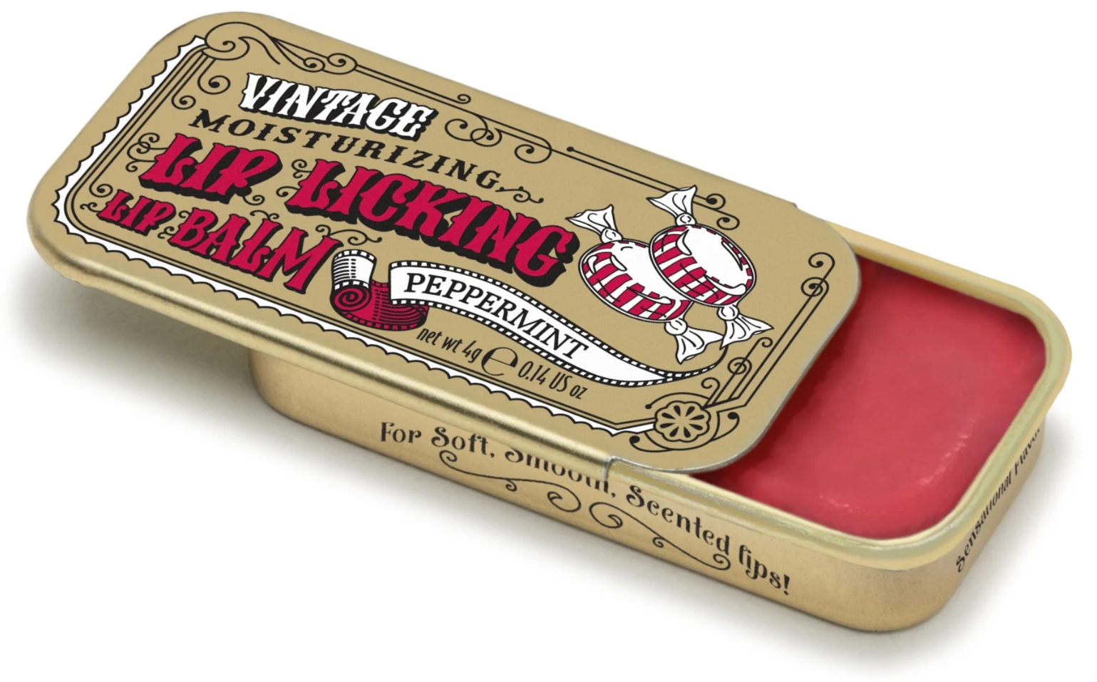Peppermint flavored lip balm in a gold vintage-style tin with red lip balm inside on a white background