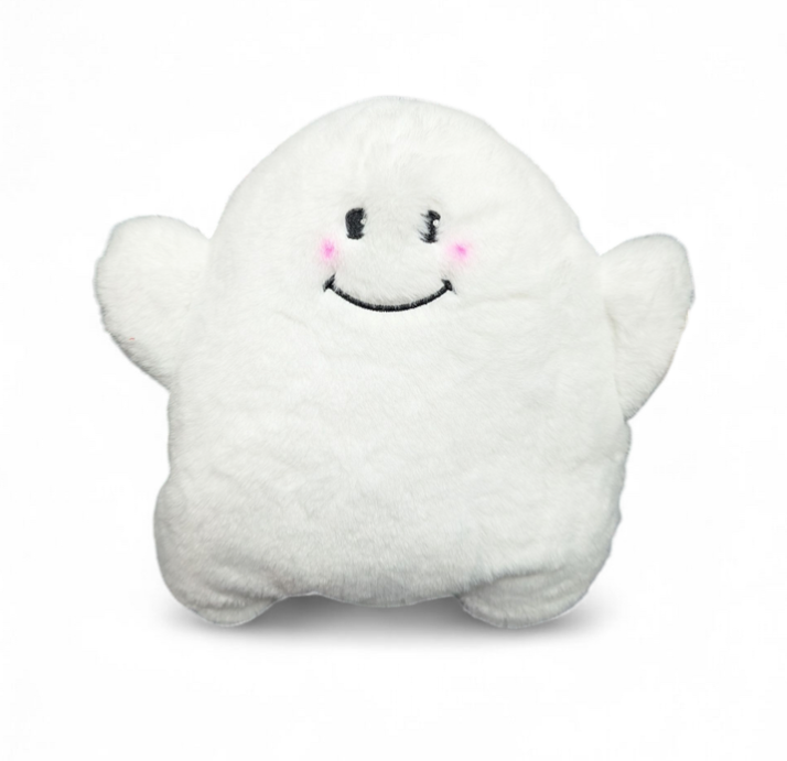 fluffy cute white smiling ghost heating pad stuffed animal with blush 