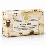 A rectangular bar of Wavertree & London Goats Milk Natural Plant Oil Soap, wrapped in cream-colored paper with illustrations of goats and a central white label.