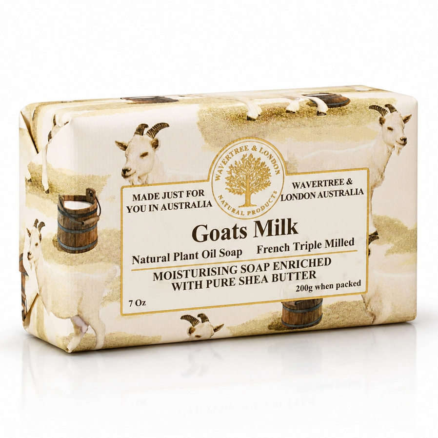 A rectangular bar of Wavertree & London Goats Milk Natural Plant Oil Soap, wrapped in cream-colored paper with illustrations of goats and a central white label.