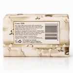 A rectangular bar of Waverley & London Goats Milk soap, showing the back side with a detailed product label, barcode, and scent description, set against a plain white background.