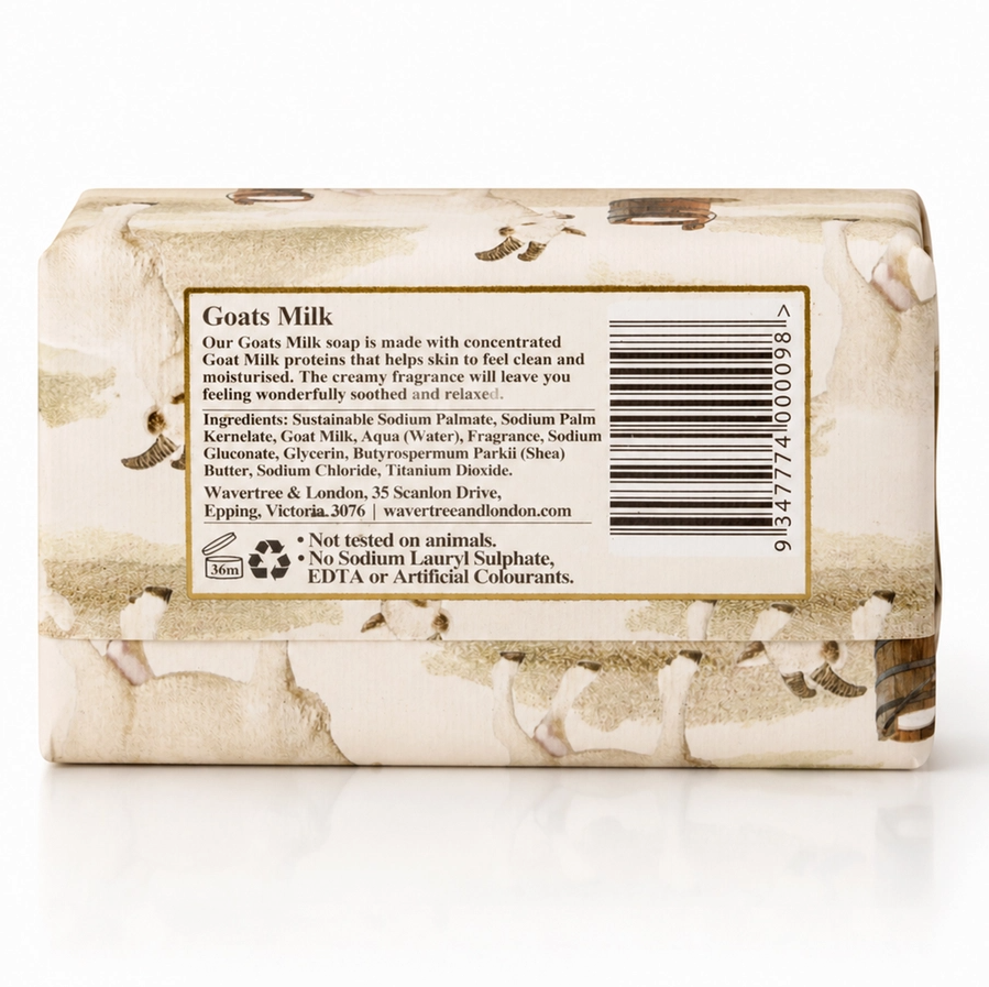 A rectangular bar of Waverley & London Goats Milk soap, showing the back side with a detailed product label, barcode, and scent description, set against a plain white background.