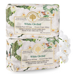 Two wrapped bars of Wavtree & London White Orchid natural plant oil soap stacked vertically on a white background, with white orchid flowers printed on the packaging.