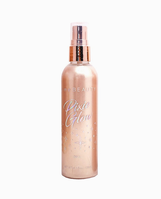 A tall spray bottle with a shimmery tan color. Holographic rainbow text reads "Pixie Glow".