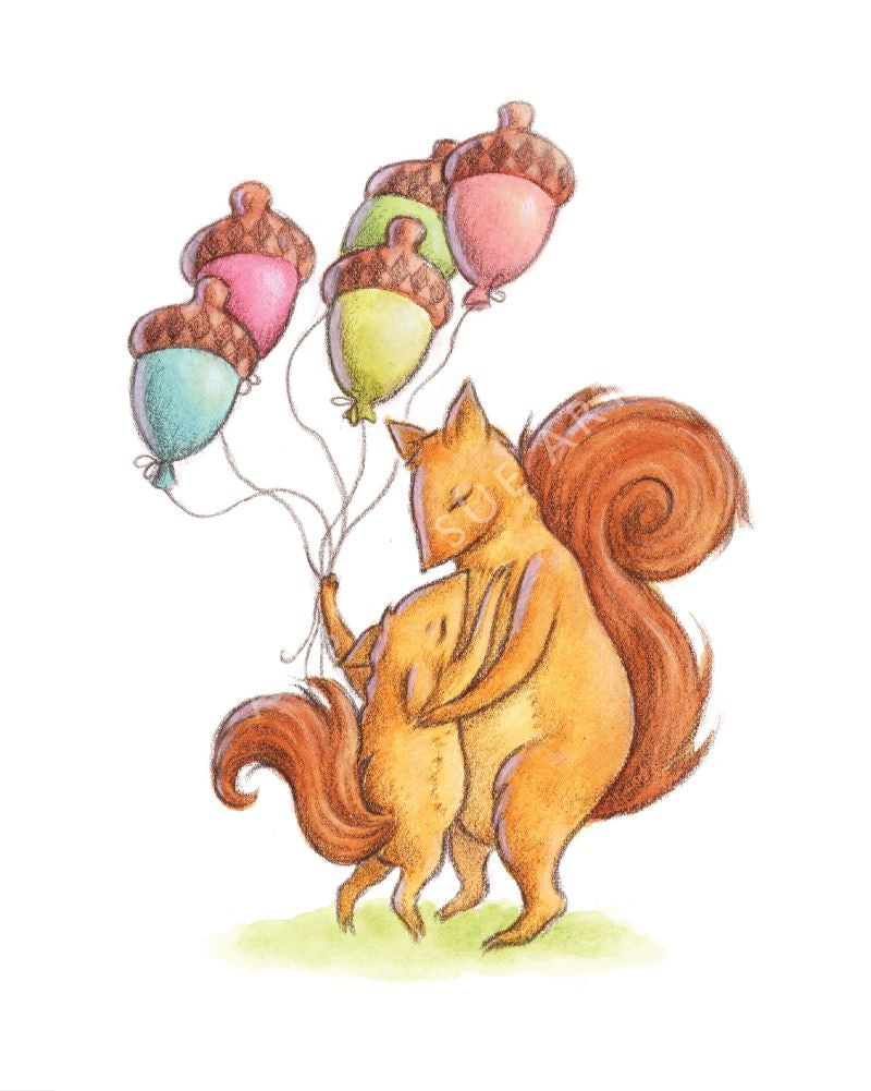 Aubree Sue Art Greeting Card - "Acorn Balloons" Birthday Squirrels