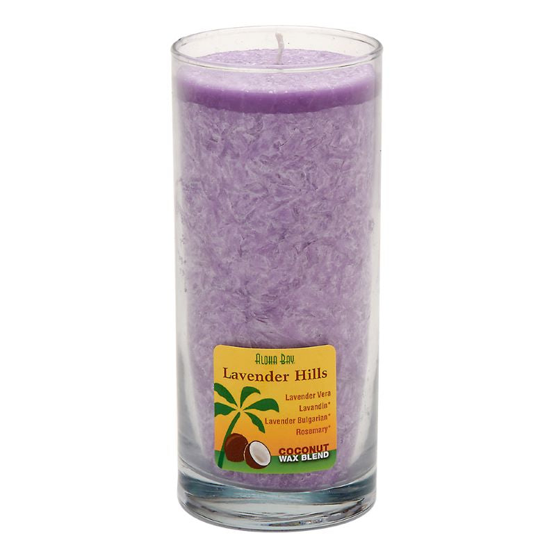 A purple cylindrical coconut wax candle with a label that reads 'Aloha Bay Lavender Hills', placed against a white background.