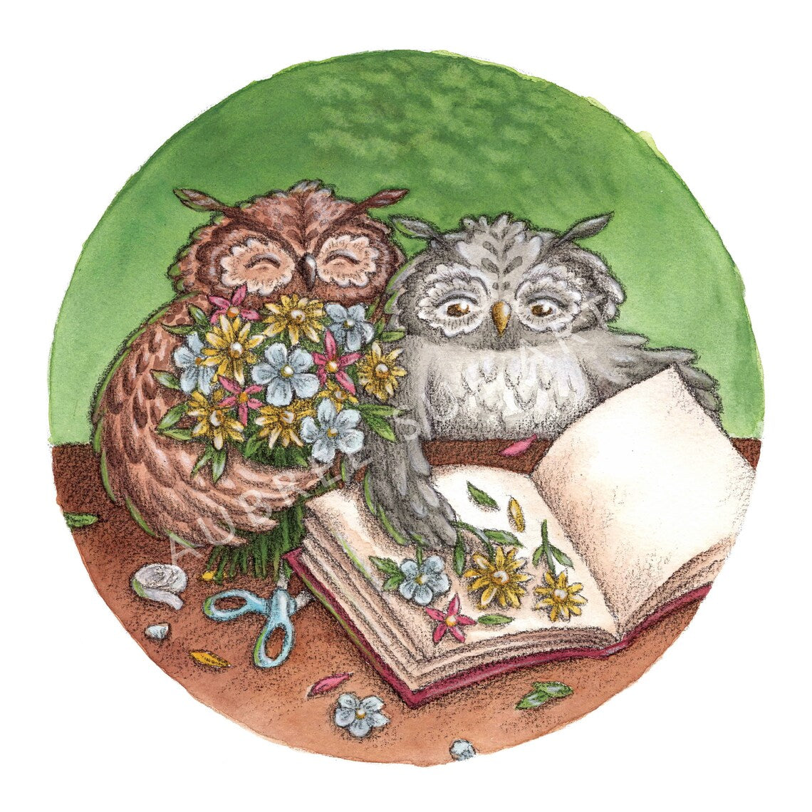 Aubree Sue Art Greeting Card - "Feathers & Flowers" Owls & Pressed Flowers
