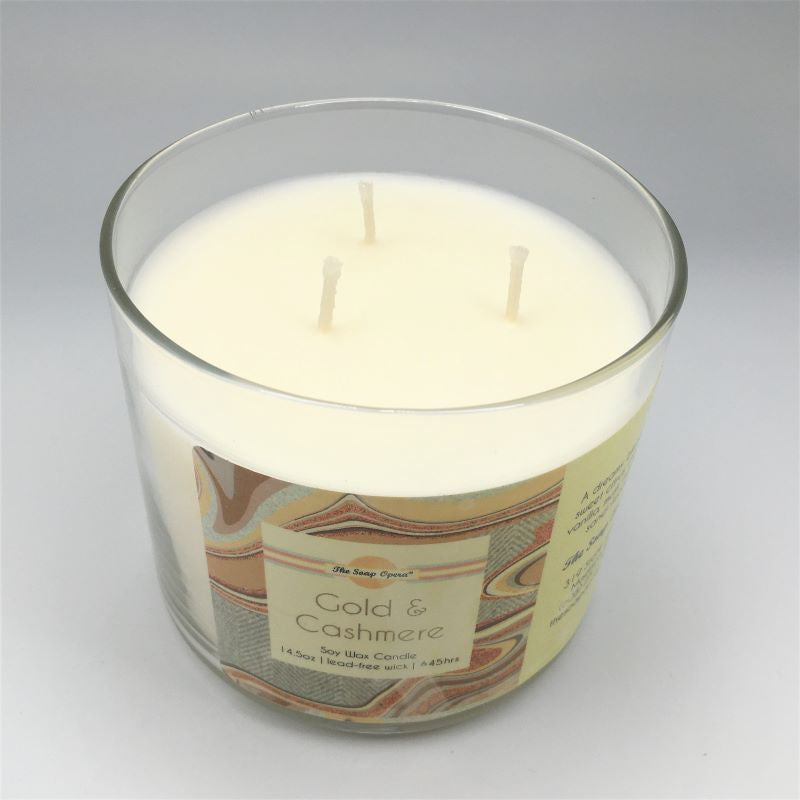 the soap opera soy wax natural candle aromatherapy long lasting gift gold and chasmere musk cozy mens womens