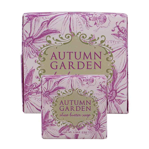greenwich bay scented bar soap seasonal autumn fall autumn garden floral in purple and white design packaging