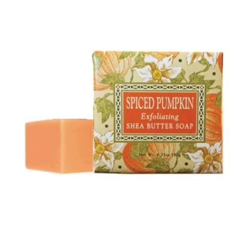 greenwich bay scented bar soap seasonal autumn fall spiced pumpkin in orange and green pumpkin design packaging