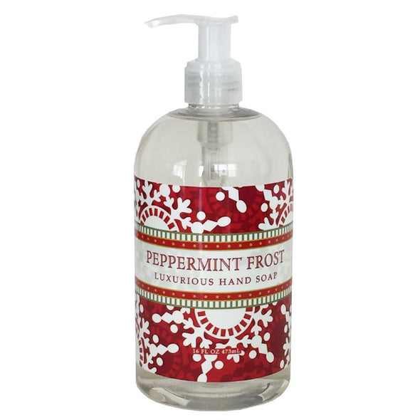 greenwich bay trading company body care liquid hand soap holiday festive winter christmas peppermint frost scented with red snowflake pump bottle