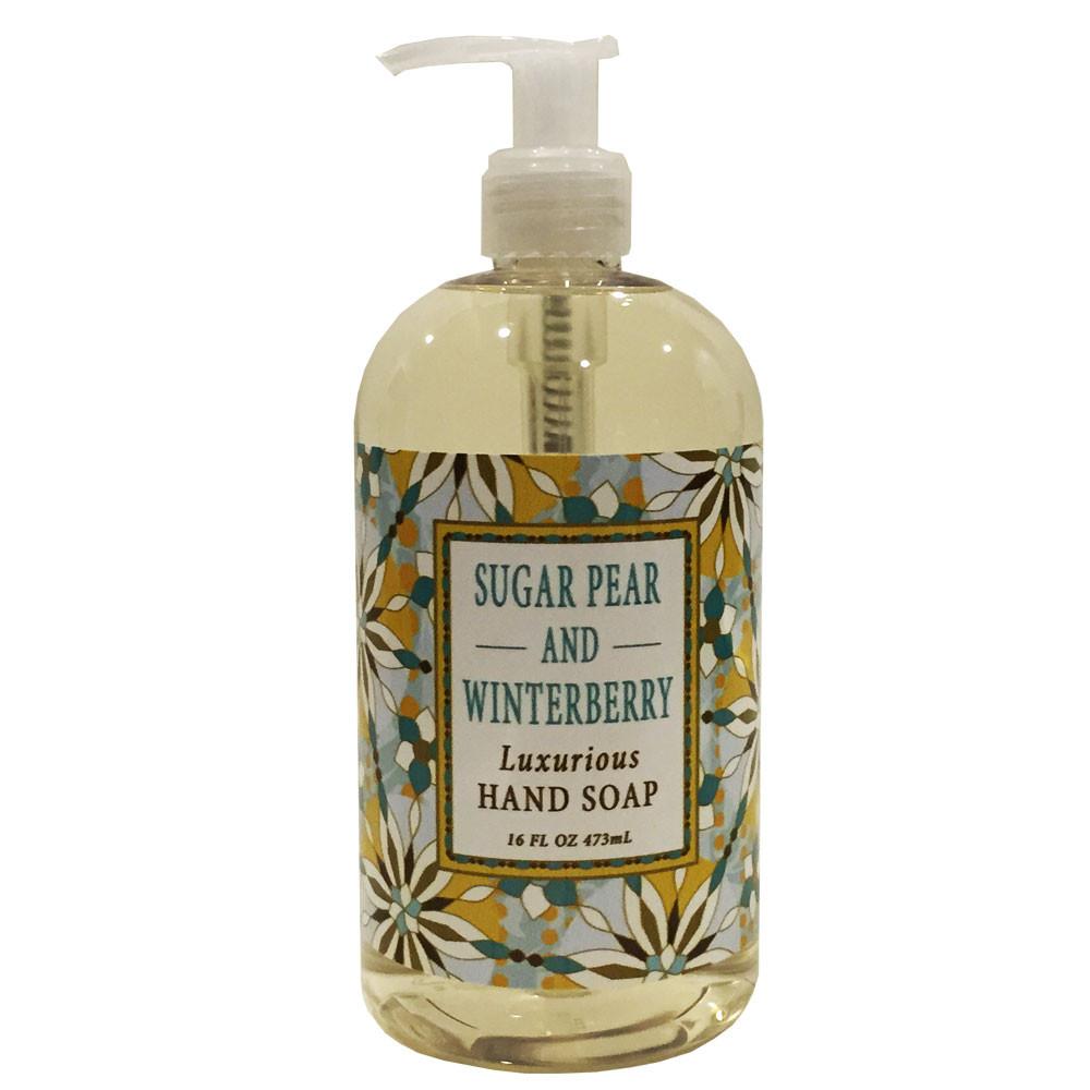 greenwich bay trading company body care liquid hand soap holiday festive winter christmas sugar pear and winterberry scented yellow pump bottle