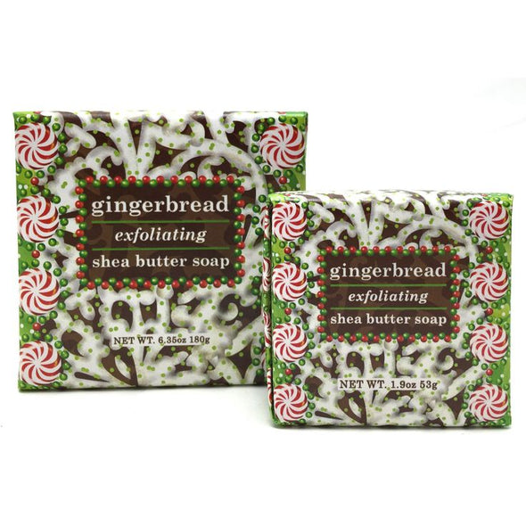 greenwich bay trading company bar soap holiday festive winter christmas gingerbread scented exfoliating in brown and white packaging