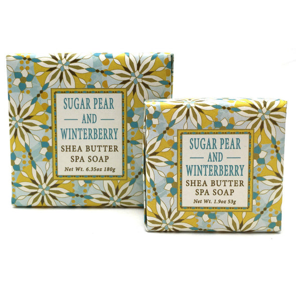 greenwich bay trading company bar soap holiday festive winter christmas sugar pear and winterberry scented in yellow and blue packaging