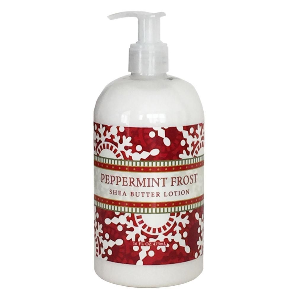 greenwich bay trading company body care moisturizing hand and body lotion holiday christmas festive winter peppermint frost red and white snowflake pump bottle