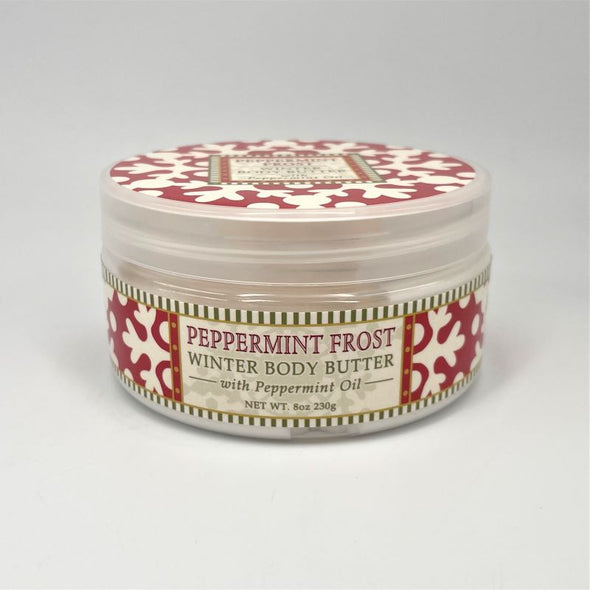 greenwich bay trading company body butter moisturizing holiday festive winter christmas peppermint frost in red and white snowflake jar