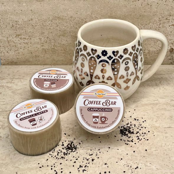 the soap opera madison wi coffee grounds bar soap exfoliating for dry skin disk shaped with mocha, vanilla latte and cappuccino fragrances and shea soap base.