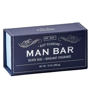 Blue box containing sage and bergamot scented soap by Man Bar San Francisco Soap Company