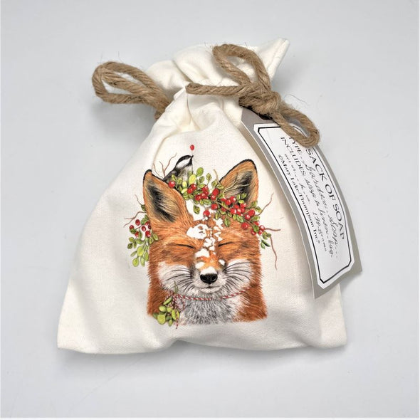 mary lake thompson holiday triple milled french soap in sack christmas gift canvas bag with fox snow holly illustration on the front