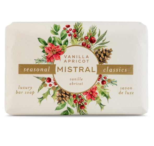 mistral french luxury bar soap seasonal classics vanilla apricot holiday christmas gift with watercolor wreath design on packaging