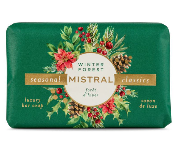 mistral french luxury bar soap winter forest scent fragrance with green packaging watercolor wreath design holiday christmas gift