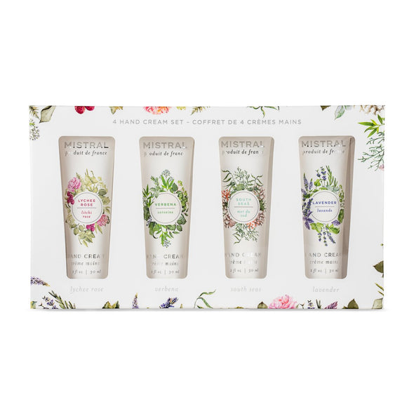 Mistral Set of 4 Hand Cream Gift Set Lychee Rose, South Seas, Verbena, and Lavender 1 oz