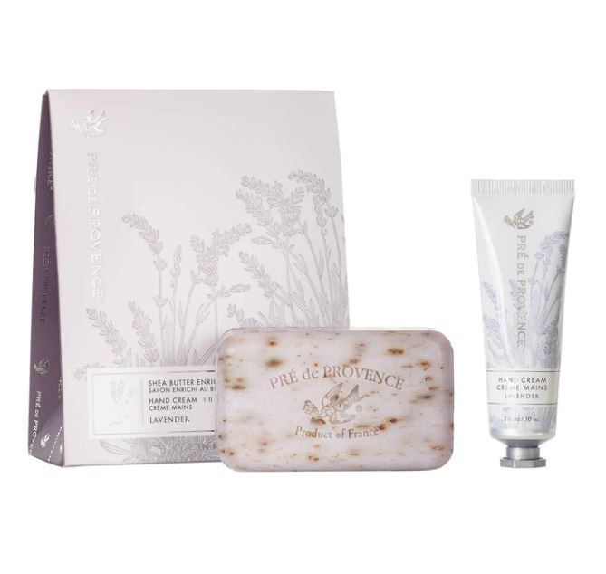 pre de provence gift set with bar soap and hand cream lavender scent fragrance in box gift for christmas holiday and more purple packaging
