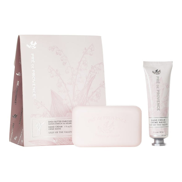 pre de provence gift set with lily of the valley scent. gift for holidays christmas. hand cream and bar soap.