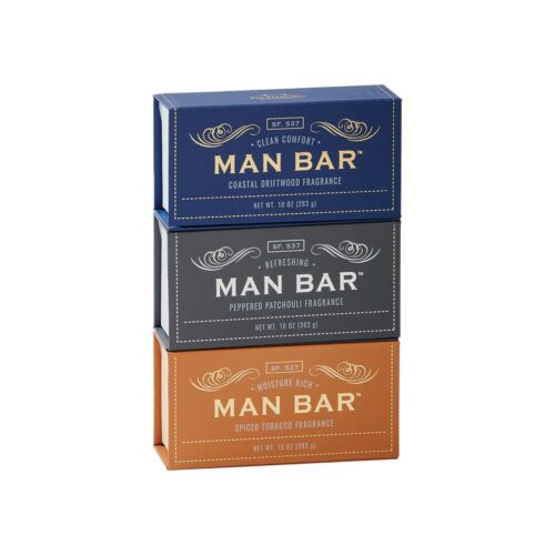 san francisco man bar soap body care gift set of 3 with magnetic leather box blue tan and gray with driftwood tobacco and patchouli fragrance and exfoliation hydrating refreshing for holiday birthday and more