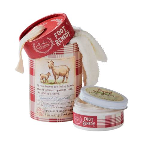 san francisco body care foot remedy gift set with goat milk cooling foot cream and fuzzy warm socks for holiday in red plaid round box
