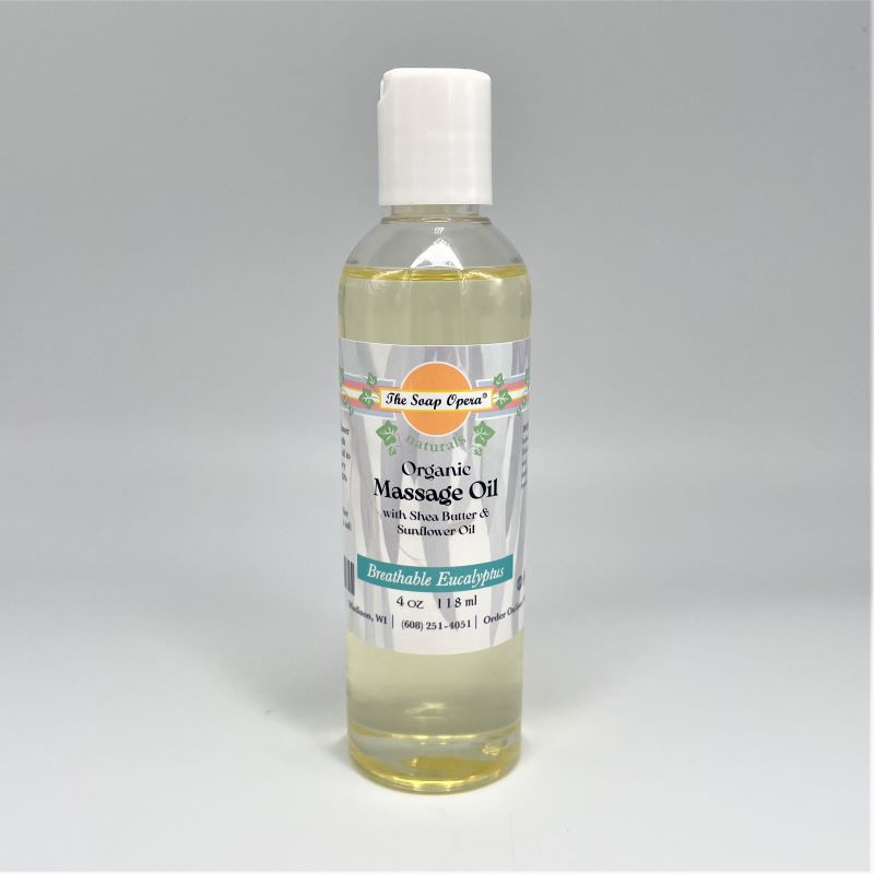 The Soap Opera Naturals Organic Massage Oil 4oz 118ml Breathable Eucalyptus soothing sore muscle aromatherapy