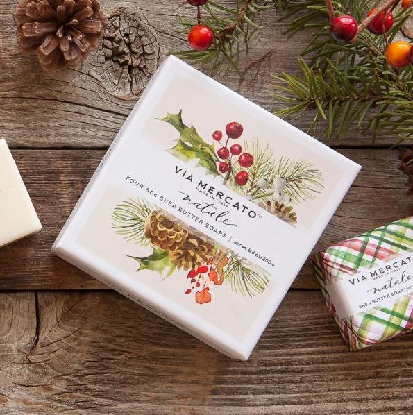 via mercato natale gift set of 4 square bar soaps in holly berry sugar plum mistletoe snow flower scent fragrance holiday christmas gift in white box with watercolor design