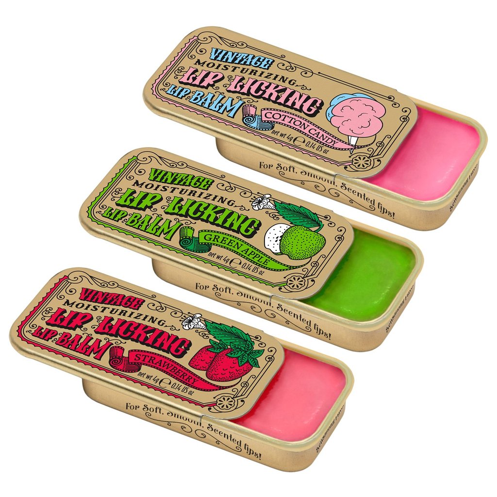 Vintage Lip Licking Lip Balm Gift Set - Strawberry, Green Apple & Cotton Candy