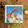 aubree sue art greeting card with watercolor illustration of mom and baby squirrel heading to their treehouse. they hold hands as they travel. great for mother's day or baby shower. woodland themed, blank inside with envelope.
