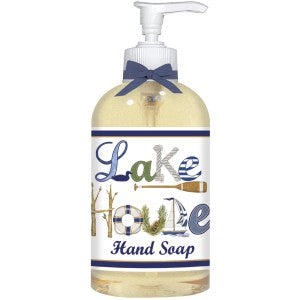 mary lake-thompson liquid soap in pump bottle with a bow tied around the top. fresh scent. a nautical typography design that says lake house adorns the outside.