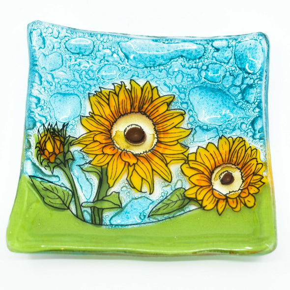 PamPeana Handmade Glass Soap Dish - Square Sunflower