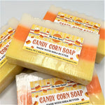 sweet scented candy corn shea butter moisturuzing bar soap 6 ounces with orange, yellow and white stripes great for autumn fall halloween
