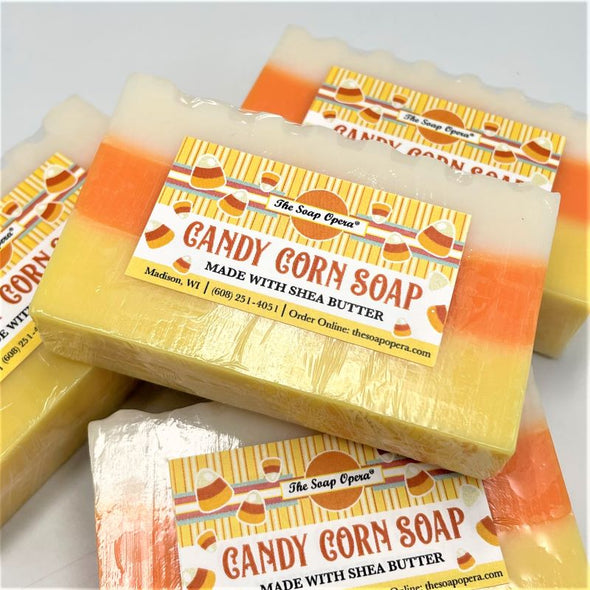 sweet scented candy corn shea butter moisturuzing bar soap 6 ounces with orange, yellow and white stripes great for autumn fall halloween