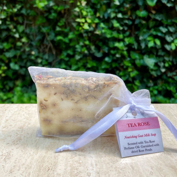 A lovely goat milk bar soap infused with dried rose petals and housed in a pretty sachet.