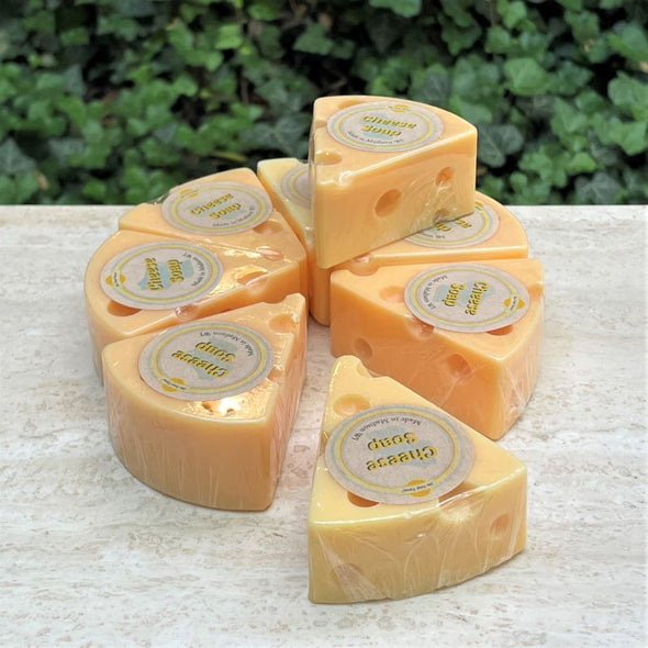 group of yellow cheese shaped bar soap with bergamot essential oil scent great for wisconsin gift