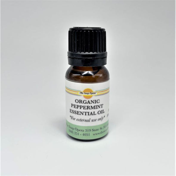 the soap opera peppermint essential oil in euro dropper amber bottle with screw cap and green label aromatherapy remedy fragrance scent holiday